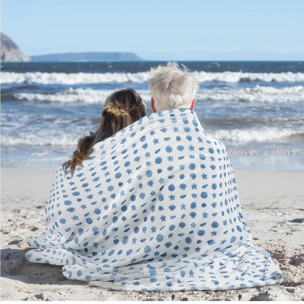 Target large blue and white super soft seashell beach print throw